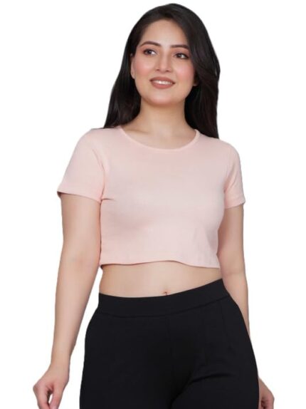 Mlada Rib Crop Top for Women | Round Neck Cotton Crop Tshirt | Regular Fit Cropped Tshirt for Women | Short Sleeves Crop Tops for Women | Solid Crop Tshirt for Women | Rib Knit Crop Top for Women