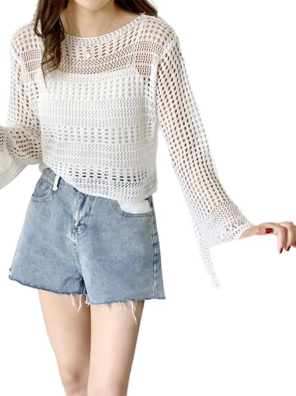 MYSTIFY Women®Short Openwork Sunscreen Knitted Pullover Women Summer Seaside Resort Loose Design Sense Long-Sleeve Sweater Top