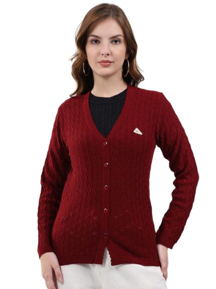 Monte Carlo Women Regular Fit Self Designed Pattern V Neck Button Closure Full Sleeve Winter Cardigan| Warm Woolen Buttoned Sweater for Ladies | Stylish Knitted Cardigan for Women's (Pack of 1)