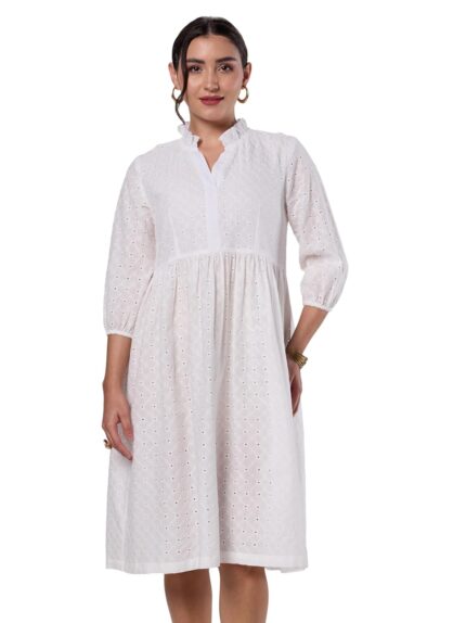 Brand - Myx Women's Schiffli Embroidery Ethnic Dress | Fit and Flare | Knee Length (Available in Plus Sizes)