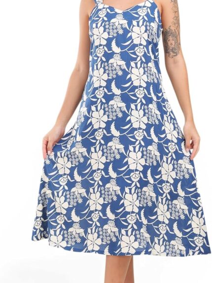 Women's Midi Dress, Blue with White Floral Print, M, Casual, Rayon, V-Neck, Sleeveless
