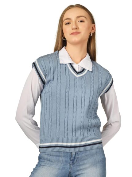DREAMDIVA Women's Knitted V-Neck Sweater Vest – Sleeveless Pullover with Striped Hem
