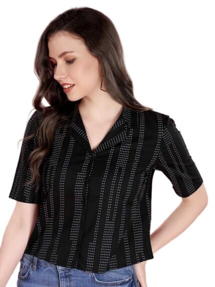 BrownEra Women's Black Printed Shirt Top, Office Casual Top with Notch Collar