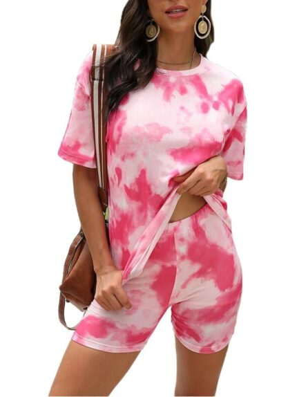Tie & Dye Printed Women's Cotton Lycra Loungewear Set | Short Sleeve T-Shirt & Shorts Co-ord Night Suit | Soft & Comfortable Homewear