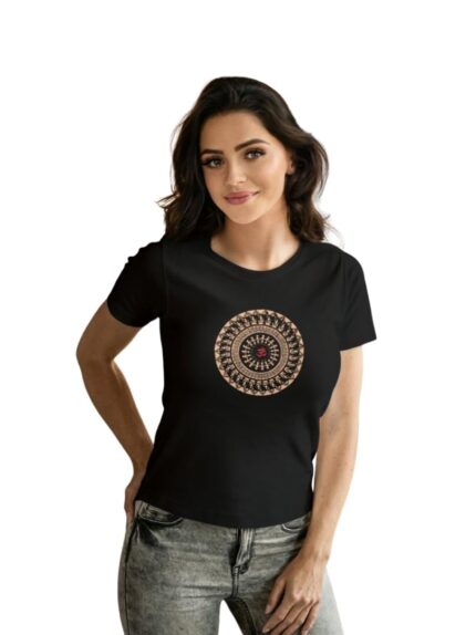INDYSOUL Women Casual Tshirt, Supercombed Biowashed 100% Cotton Slimfit Tshirt (Slim Fit Slim Length Graphic Printed OM in Warli Mandala)