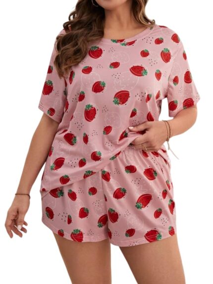KSHS Women's Strawberry Print Shorts Set | 2 Piece Night Suit | Soft Sleepwear & Loungewear | Cute Pajama Set for Women | Sky Blue Color t-Shirt and Shorts