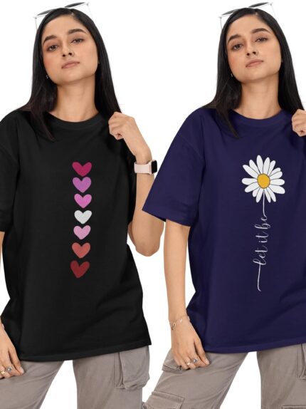 Reifica Women 100% Pure Cotton Drop Shoulder Loose Fit Oversized T Shirts (Combo Pack of 2)