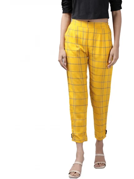 Generic Women's Casual Checked Rayon Trouser Pant (Yellow)