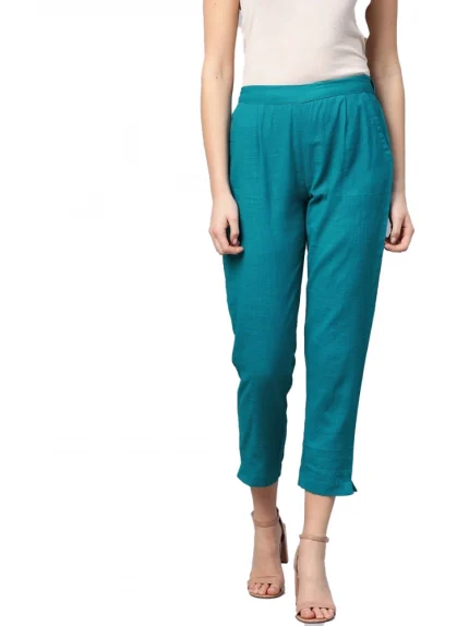 Generic Women's Casual Solid Cotton Slub Trouser Pant (Rama Blue)