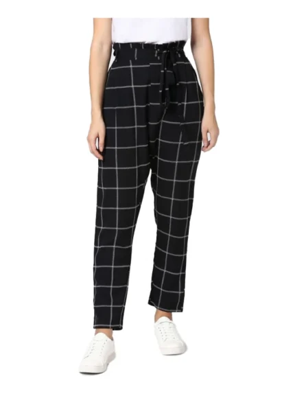 Generic Women's Polyester Checkered Elasticated Trousers (Black - White)