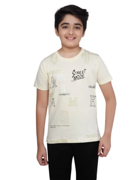 Generic Boy's Cotton Grapic Printed Round Neck T-Shirt (Beige )
