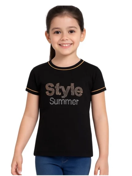 Generic Girl's Cotton Printeded Round Neck T-Shirt (Black)