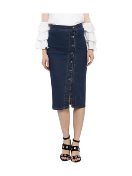 Generic Women's Denim Front Button Buttoned Skirt (Blue)