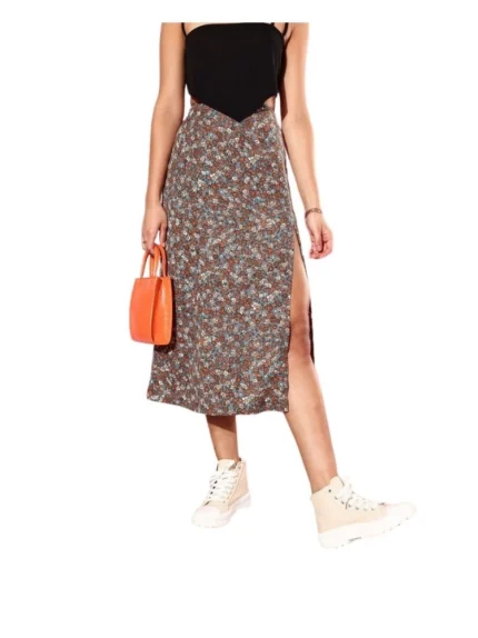 Generic Women's Polyester Floral Side Zip Skirt (Grey - Coral)