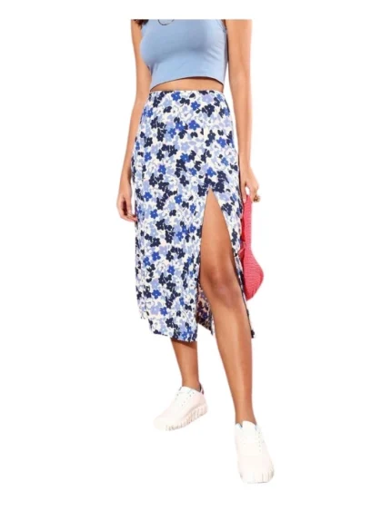 Generic Women's Polyester Floral Side Zip Skirt (Blue - White)