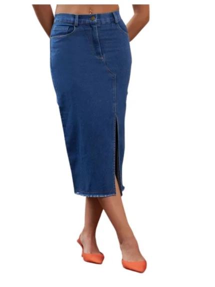 Generic Women's Denim Lycra Solid Button Skirt (Blue)