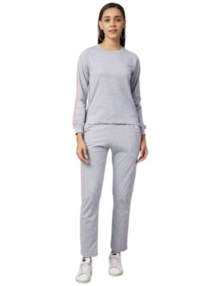 Generic Women's Cotton Solid Long Sleeves Tracksuit (Light Grey - Pink)