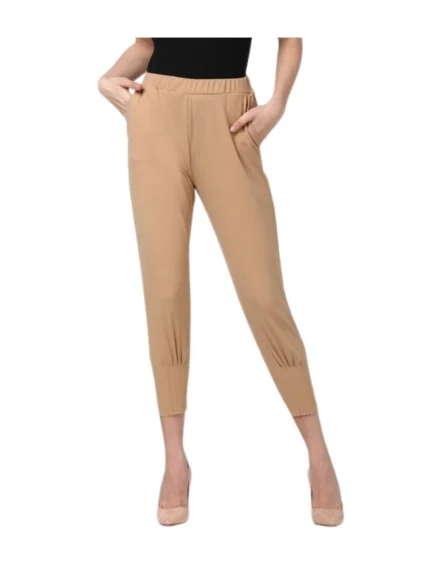 Generic Women's Polyester Solid Elasticated Trousers (Beige)