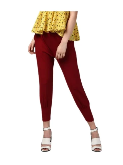 Generic Women's Polyester Solid Elasticated Trousers (Maroon)