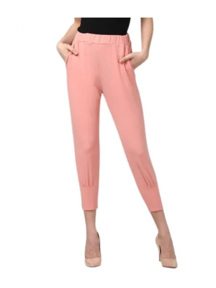 Generic Women's Polyester Solid Elasticated Trousers (Pink)
