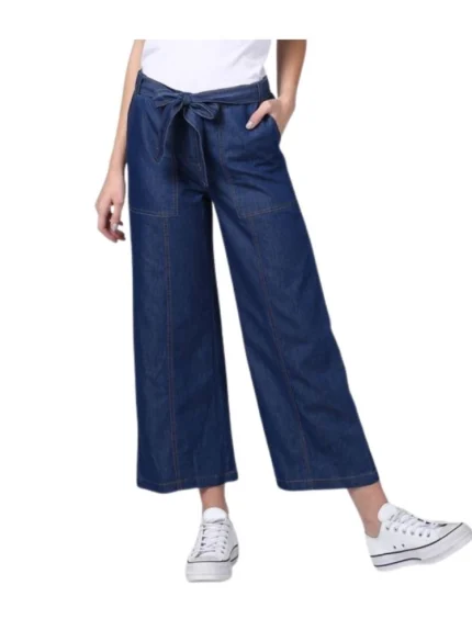 Generic Women's Denim Solid Elasticated Trousers (Blue)