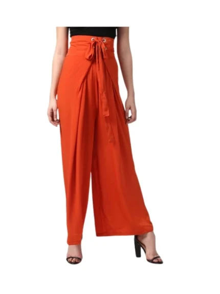 Generic Women's Polyester Solid Smocked Trousers (Orange)