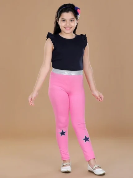 Generic Girl's Cotton Lycra Star Print Elasticated Leggings (Pink)
