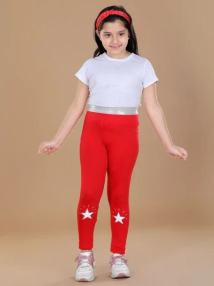 Generic Girl's Cotton Lycra Star Print Elasticated Leggings (Red)