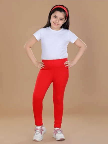 Generic Girl's Cotton Lycra Solid Elasticated Leggings (Red)