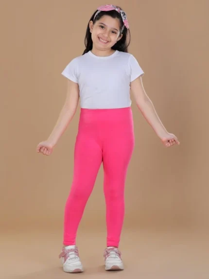 Generic Girl's Cotton Lycra Solid Elasticated Leggings (Pink)