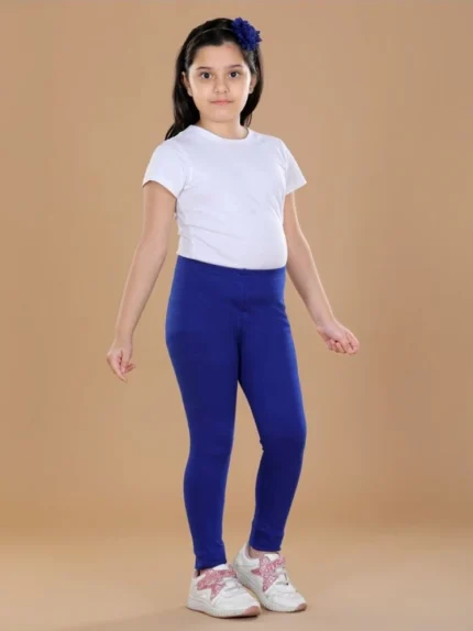 Generic Girl's Cotton Lycra Solid Elasticated Leggings (Blue)