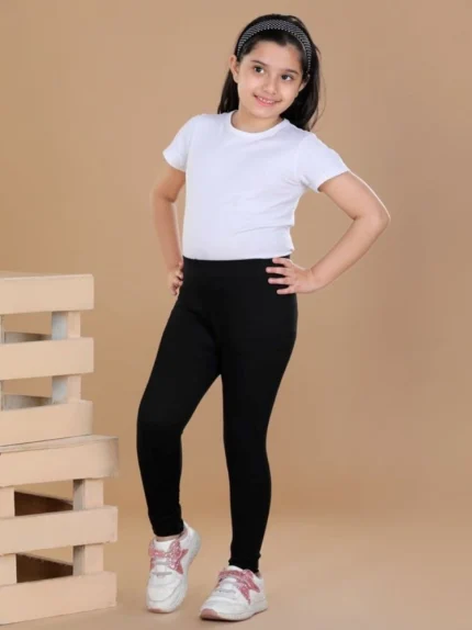 Generic Girl's Cotton Lycra Solid Elasticated Leggings (Black)